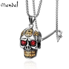 MENDEL Gothic Mens Stainless Steel Punk Biker CZ Skull Pendant Necklace For Men