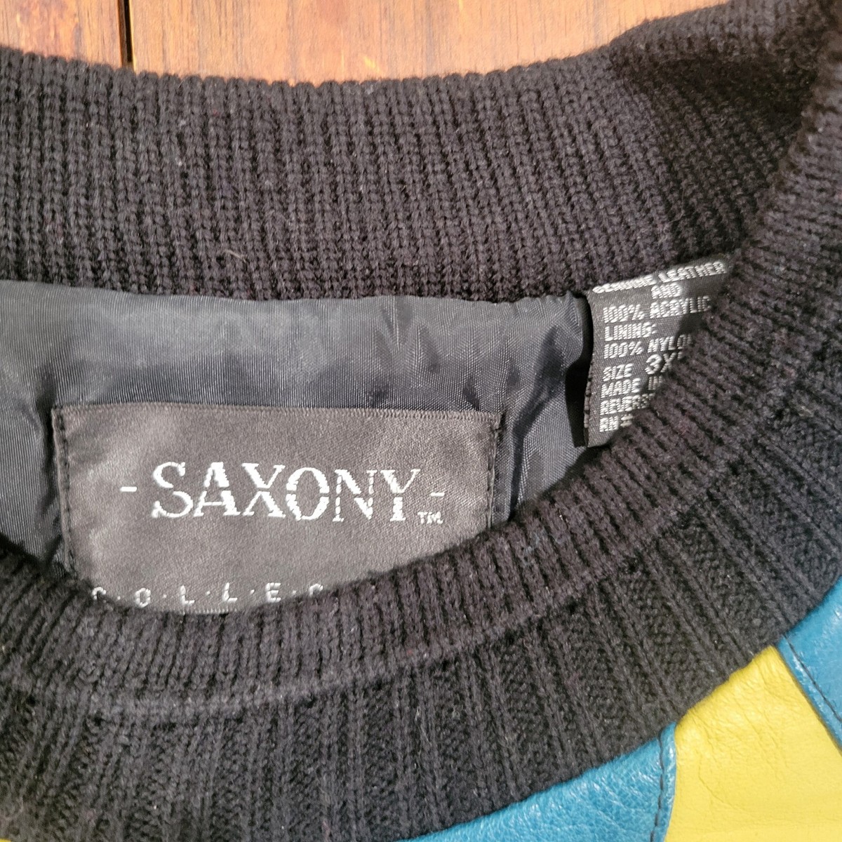 Vintage 90s Saxony 3D Knit Leather Multi Color Sweater Vintage 90s Saxony 3D Knit Leather Multi Color Sweater