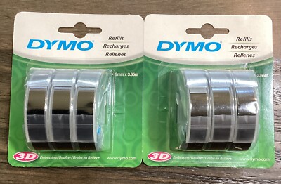 LOT of 2Packs ( 6 Rolls ) Embossing Labels Black Glossy DYMO 3/8'' x 12'  # 73839