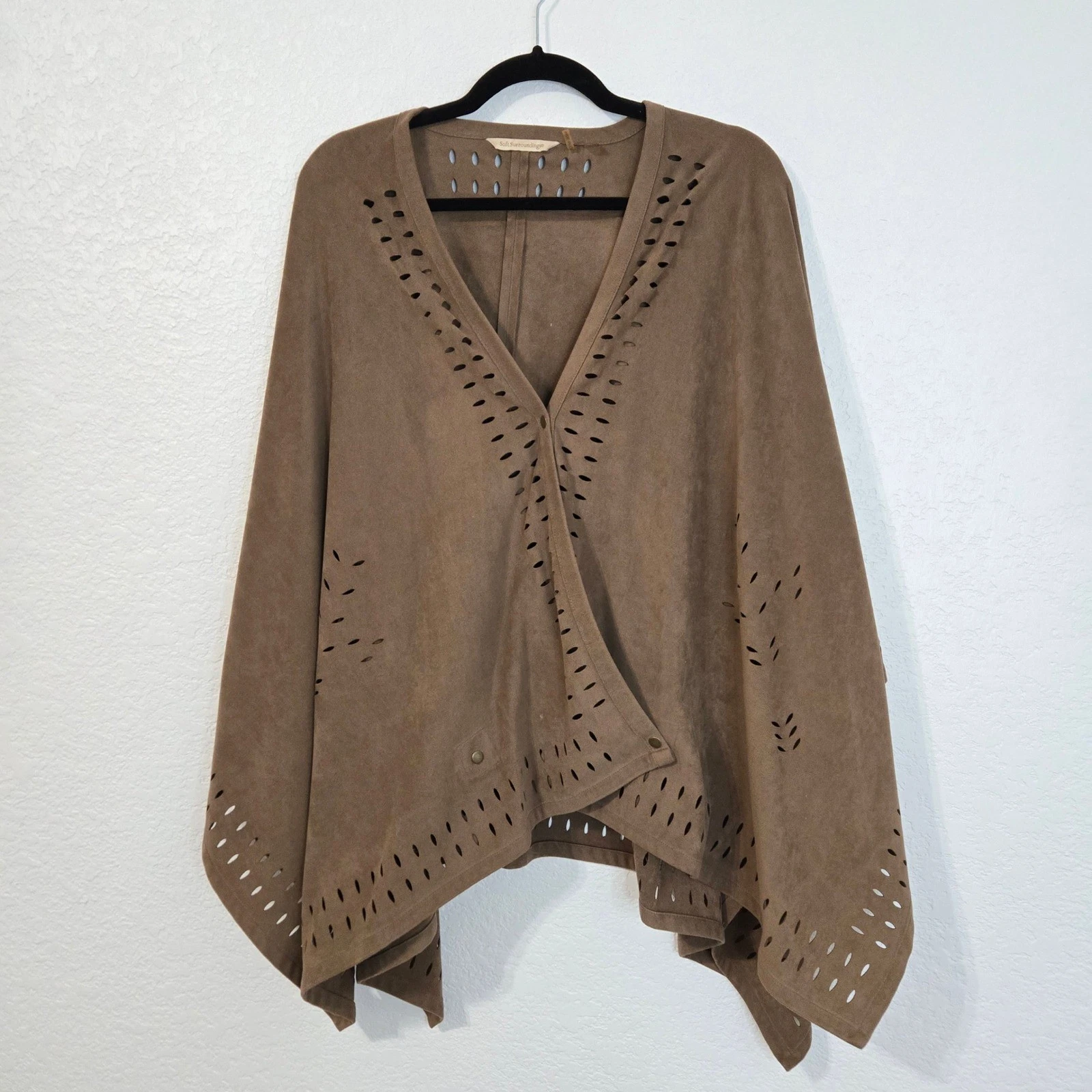 Soft Surroundings Brown Suede Laser Cut Perforated Poncho Wrap Snap Front