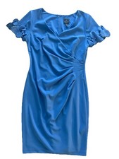 Adrianna Papell Blue sheath V-Neck Ruched Sheath Dress 14 Short Sleeve