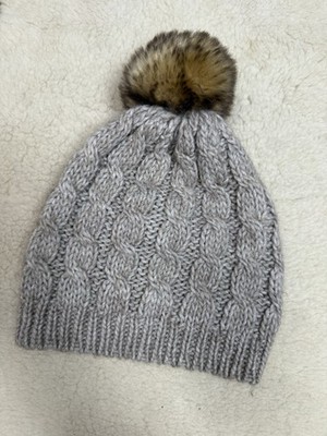 FRATELLI TALLI Gray Chunky Cable Knit Beanie Alpaca Wool Blend Faux Fur Pom Pom
