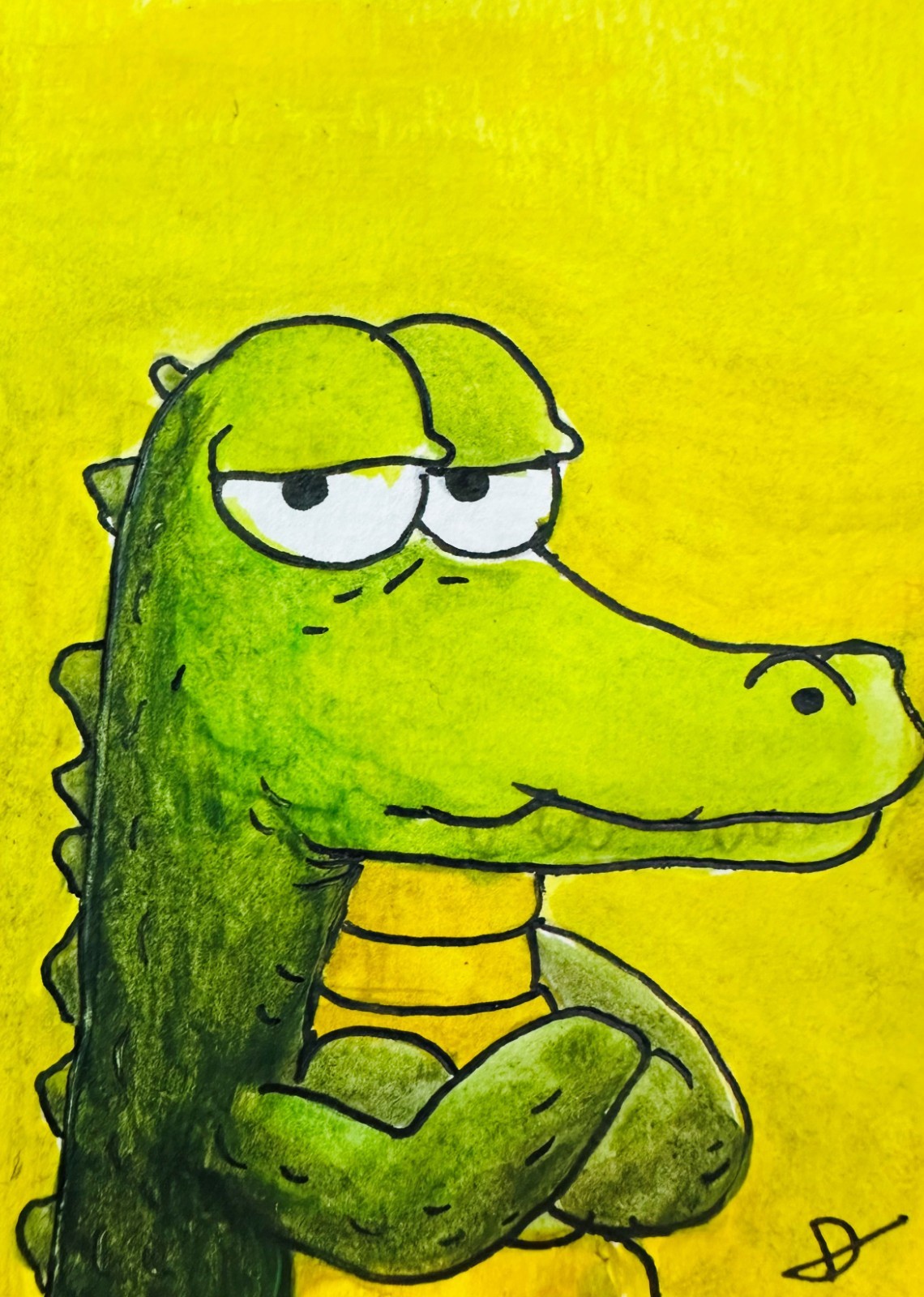 Crocodile Green ACEO Original Acrylic Painting Cartoon Yellow Modern Reptile Art