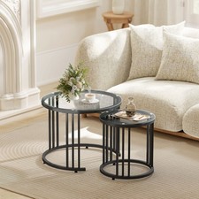 Set of 2 Nest of Tables, Round Coffee Tables with Tempered Glass Top