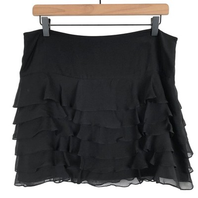 DKNY 100% Silk Tiered Ruffle Mini Skirt Sz 10 Black Side Zip Lined Fairy