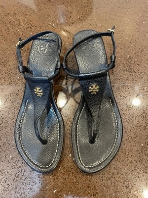 Tory Burch Black And Gold Leather Wedge Thong Sandals
