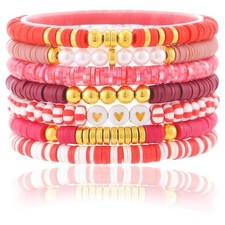 Friendship Bracelets Trendy Heishi Clay Bead Bracelets Stack Gold Beaded Red
