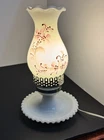 Vintage Milk Glass Hurricane Lamp Hobnail Hand Painted Pink Floral Key Turn Knob