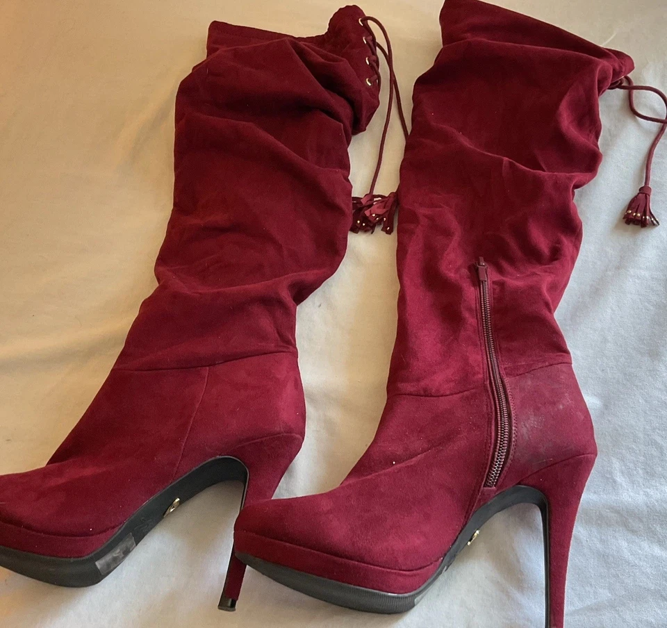 Thalia BRISA Burgundy Suede Knee High Fashion Boots Size 7M - Image 3 of 4
