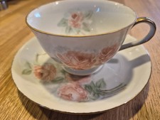 Painted Floral Porcelain Tea Cup  Saucer Set, Pink Roses, Gold Trim, Signed