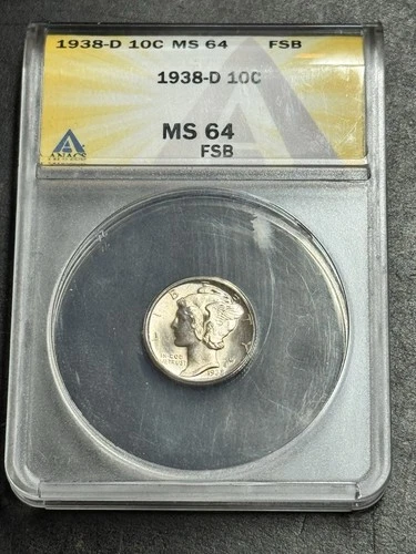 1938 D Mercury Silver Dime Gem BU Graded ANACS MS64 FSB FB Full Bands (Slab1602)