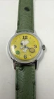 Vintage Timex Snoopy Tennis Watch 30mm Mechanical Yellow Dial Green Leather Band