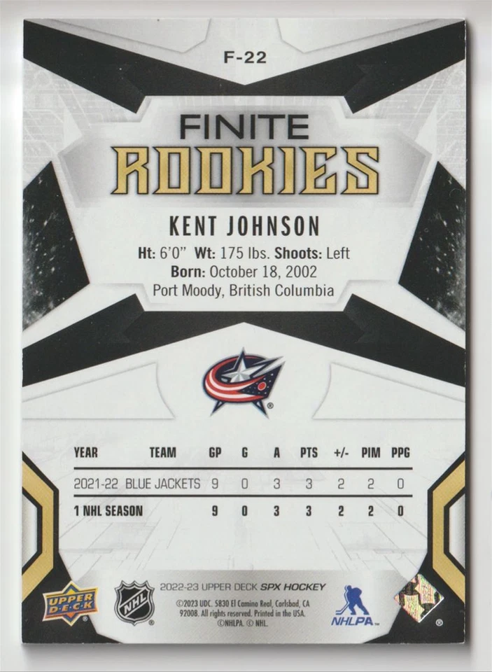 2022-23 SPX FINITE ROOKIES KENT JOHNSON 293/499 COLUMBUS BLUE JACKETS #F-22 - Image 2 of 2
