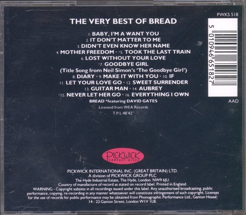 Bread Very Best of Bread CD UK Pickwick Compact Discs 1988 PWKS518 - Picture 2 of 3