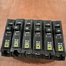 Lot of 6 Square D 1 Pole 20 Amp 120/240VAC Bolt On Circuit Breaker QOB120 1P 20A