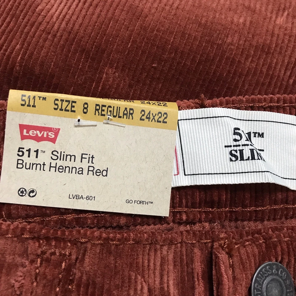 Pantalones Levis Niños 8 Regular 24X22 Rojo Henna Quemada 511 Pana Calce Ajustado Nuevos con Etiquetas Foto 4 de 4