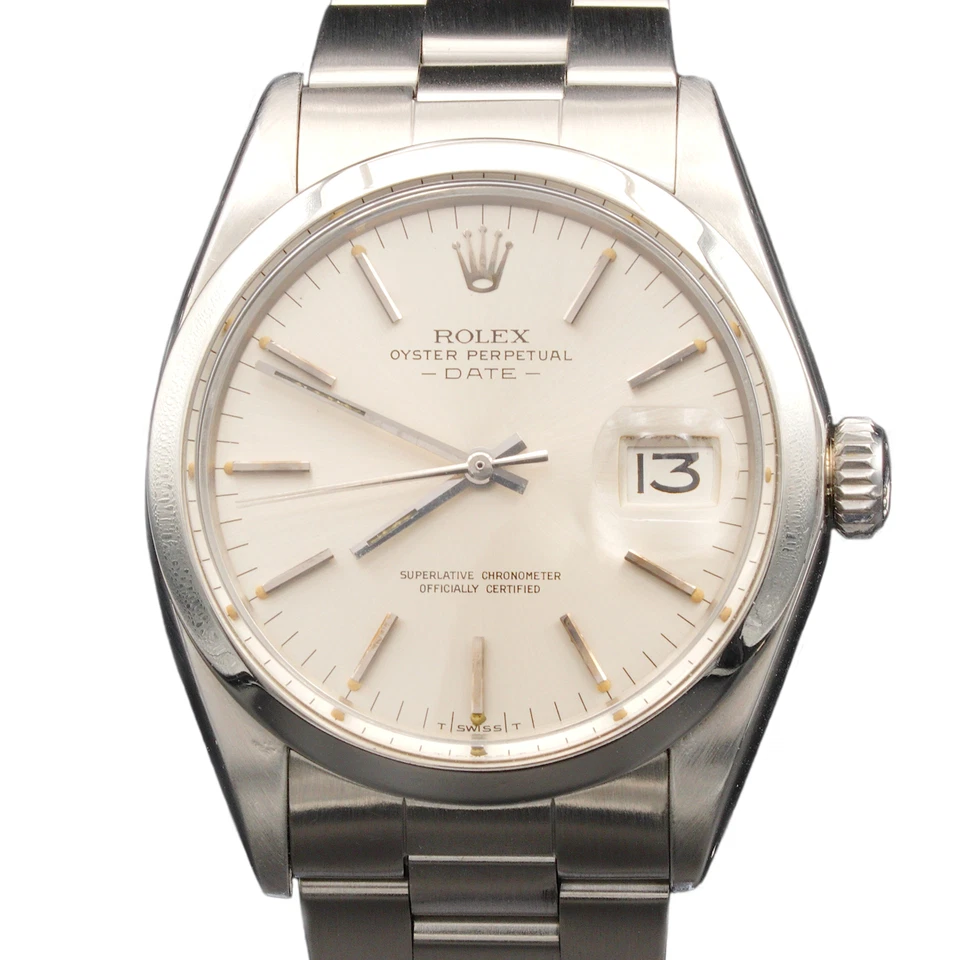 Reloj Rolex para hombre con fecha de acero inoxidable bisel abovedado correa Oyster esfera plateada 1500