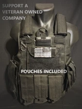 Tactical Vest Plate carrier- Black w/ 2 Curved 8x10 Plates & Pouches Included