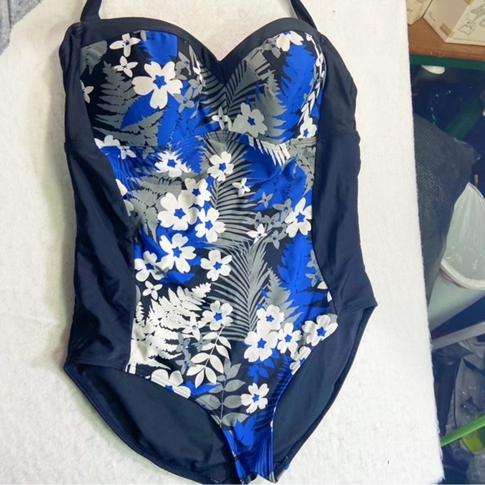 Tropical Escape Negro Azul Blanco Gris Floral Halter Una Pieza Traje de Baño 16 Foto 4 de 4