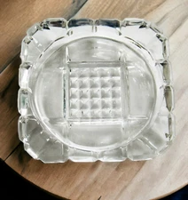 Clear Glass Crystal 3 3/8" Square Ashtray Mid Century Modern Embossed Design