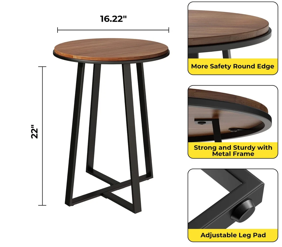 Round End Tables, Small End Table Walnut Color MDF Top,Metal Frame Black