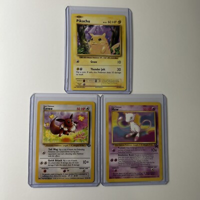 3 Card Pokémon Set Pikachu Mew & Eevee Vintage WOTC Evolutions LP-NM