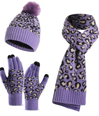 Winter Womens Scarf Hat Glove Set Beanie Hat Long Scarf Touch Screen Gloves 