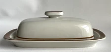 Sand Script Stoneware Butter Dish & Cover Lid Brown Trim Made in Japan