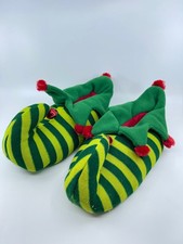 Unisex Christmas Elf Slippers green stripes with red pom poms and Bells size 5-8