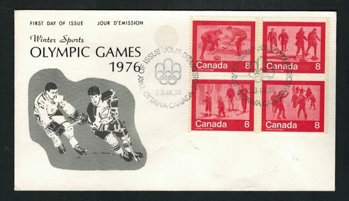 Canada #644-47, 1974 8¢ Winter Sports se-tenant block, N. R. Covers cachet FDC
