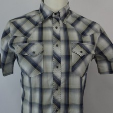 Wrangler Shirt Men's M Blue Gray White Button Up Pearl Snap Short Sleeve Western