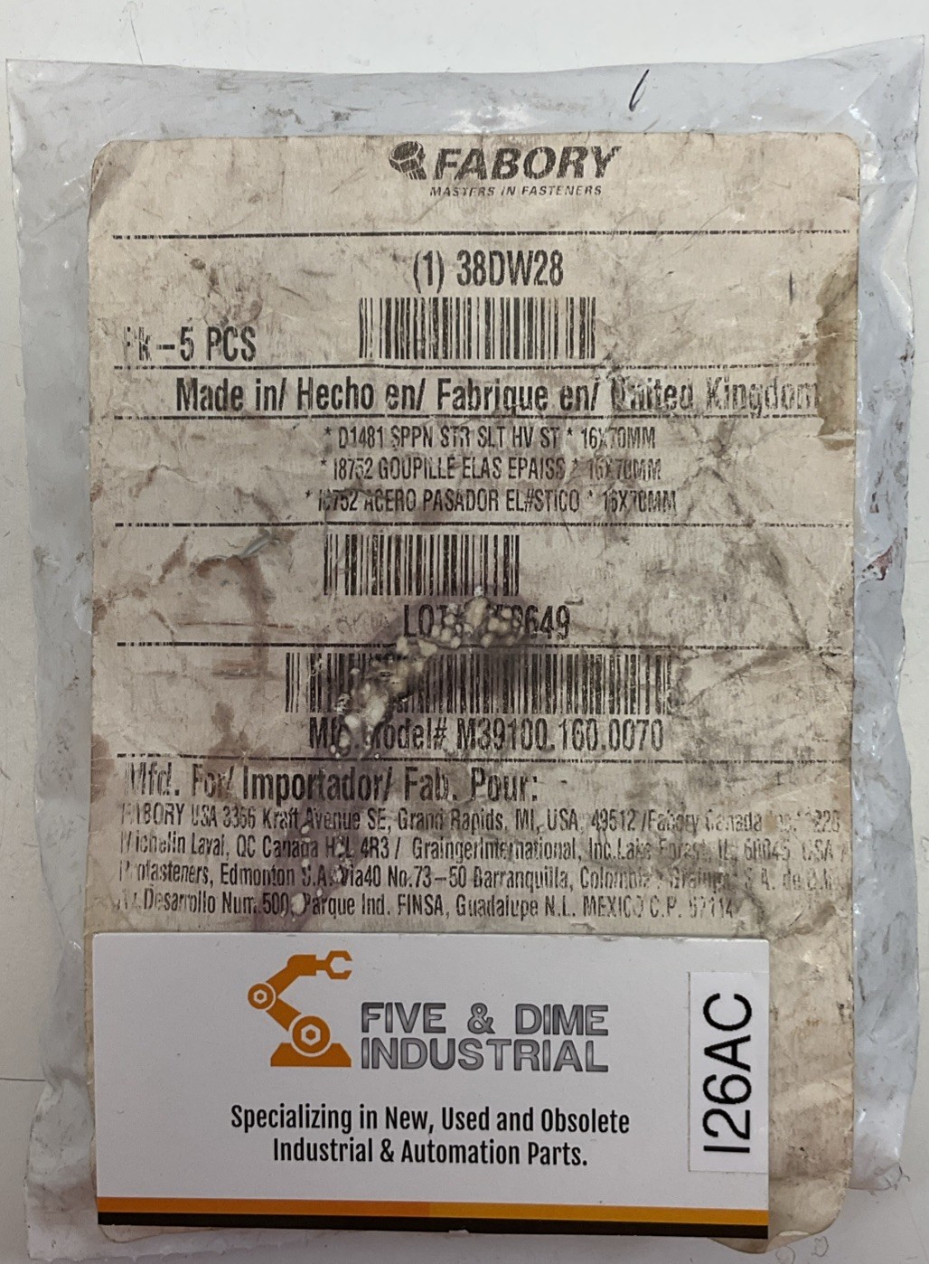 Fabory M39100.160.0070 Slotted Spring Pins 16mm x 70mm Steel ISO 8752 Pack of 5