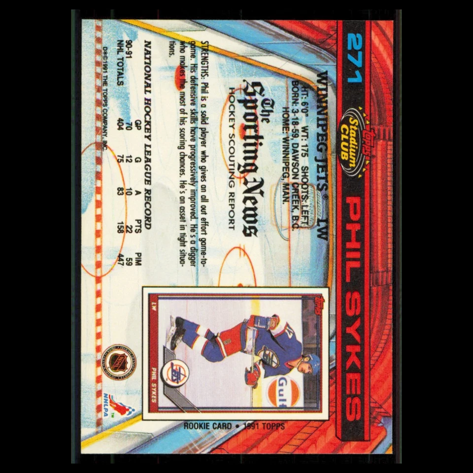 Phil Sykes #271 1991 Topps Stadium Club Winnipeg Jets Hockey Card NHL NM - Image 2 of 3