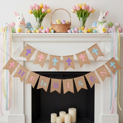 2 Sets Easter Burlap Banner HE is Risen Hanging Garland Printed Easter Bunting D