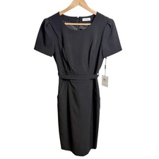 Calvin Klein Black Sheath Dress 4 Short Puff Belt Career Y2K LBD Elegant Pencil
