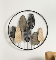 "Metall Wand Bild \"BläTter\" Schwarz & Holz, Ø 56 Cm, Wand Schmuck HäNge Deko"