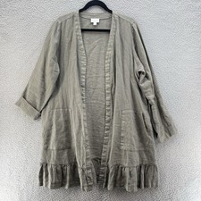 J Jill Duster Cardigan Women Medium Olive Green Longline Garment Dyed Linen