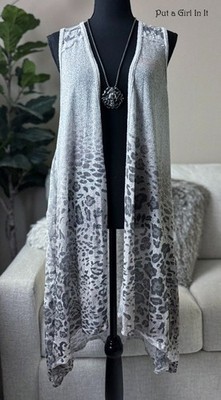 USA New VOCAL APPAREL Womens GRAY LACE LEOPARD VEST WRAP CARDIGAN DUSTER S M L