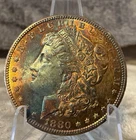 1880 S Morgan Dollar Gem BU Proof Like Rainbow Toning Textile Reverse #2806