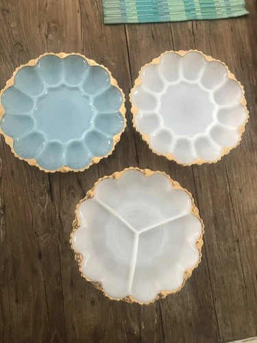 Anchor Hocking LOT Milk White Deviled Egg Relish Platter Plate Delphite Blue