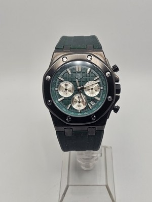 Senstone No.255 Mens Chronograph Date Watch Dark Green and Black Waffle Dial  