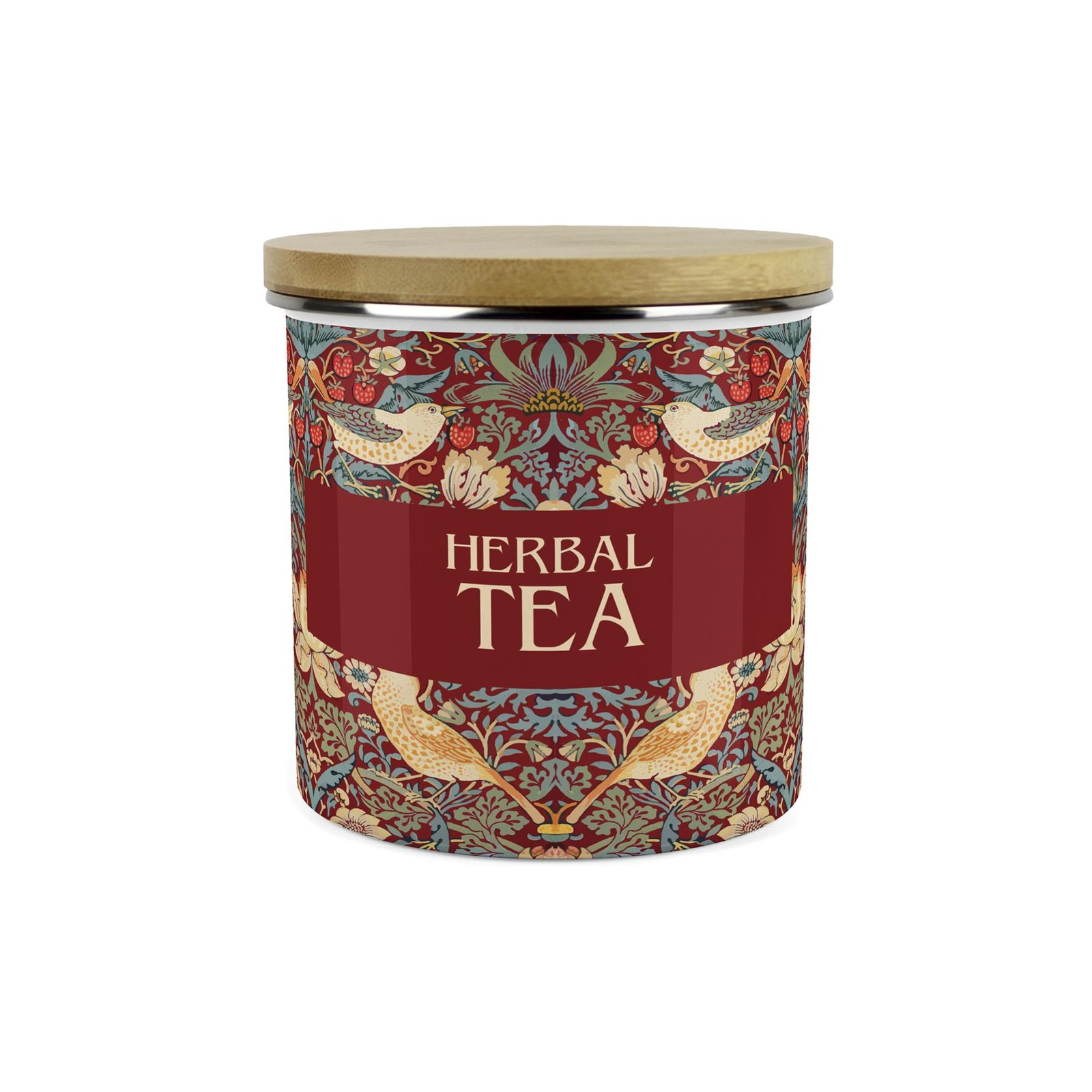 Red Strawberry Thief Herbal Tea Storage Canister - Enamel & Bamboo Container