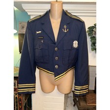 VINTAGE NAVY BLUE RAG RETRO MILITARY BAND JACKET W/ PATCHES, PINS, GOLD RIBBON