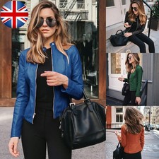 Womens Faux Leather Jacket PU Biker Coat Slim Fit Zip Up Ladies Short Outerwear