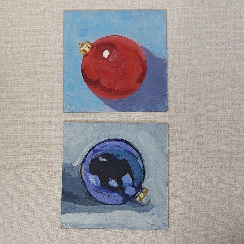 Original Christmas Ornament Painting Set Red & Purple Holiday Art 6x6 Pair