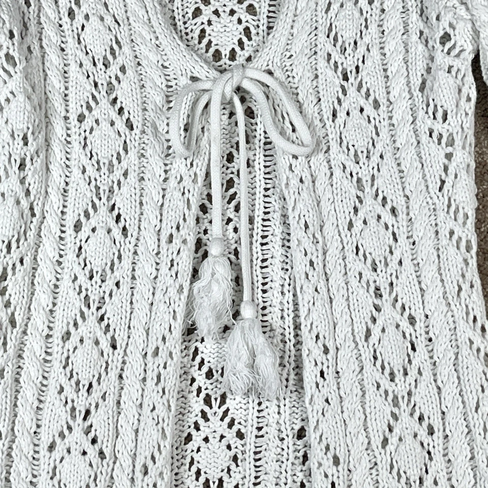Venus Crochet Knit Long Cardigan Womens Size M White Tie Waist Cotton Sweater - Image 2 of 4