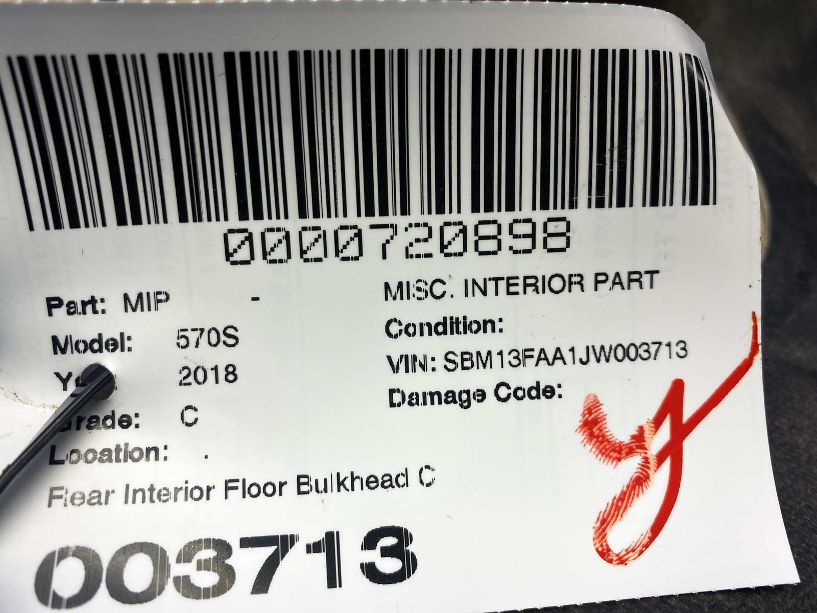 2016-2021 Mclaren 570s Rear Interior Floor Bulkhead Carpet Liner Black *WEAR*
