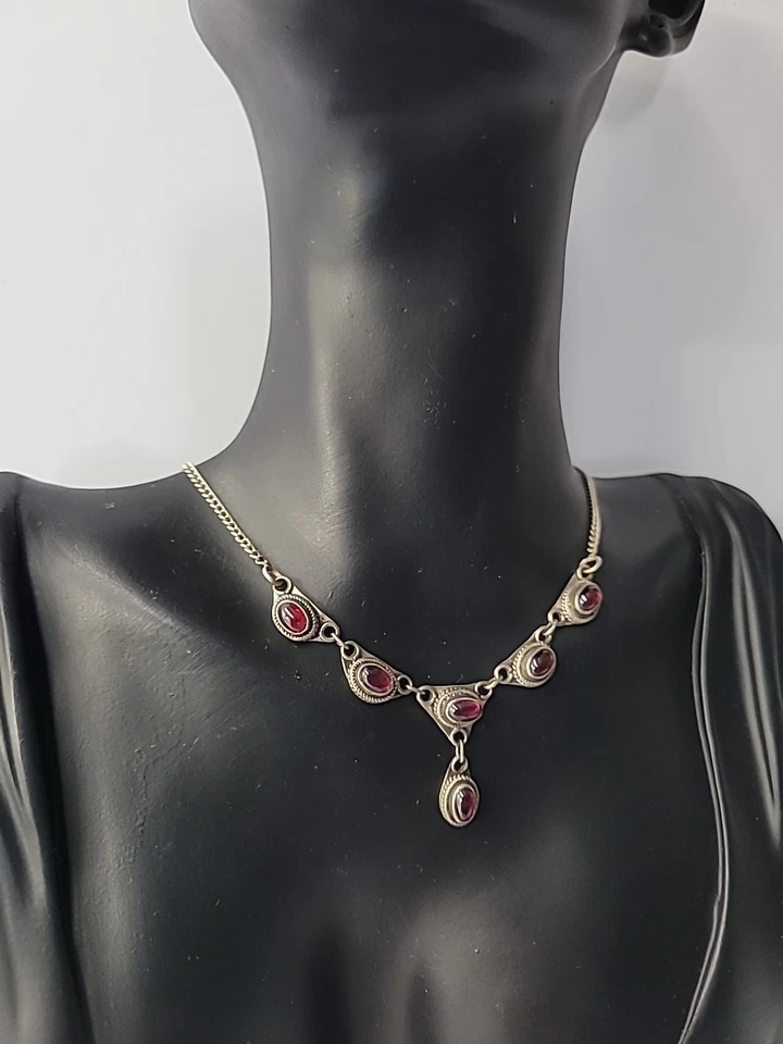 Collar vintage de plata de ley 925 con cabujón y piedra roja joyería artesanal Foto 3 de 4