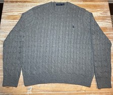 Polo Ralph Lauren Sweater Cable Knit Mens XL Gray Crewneck Pullover Blue Pony
