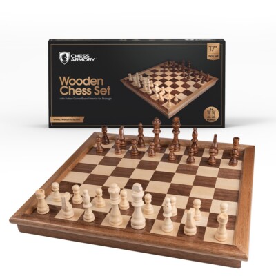 Chess Armory Wooden  Chess Set 17'' x 17'' Extra Queen Pieces & Storage Box
